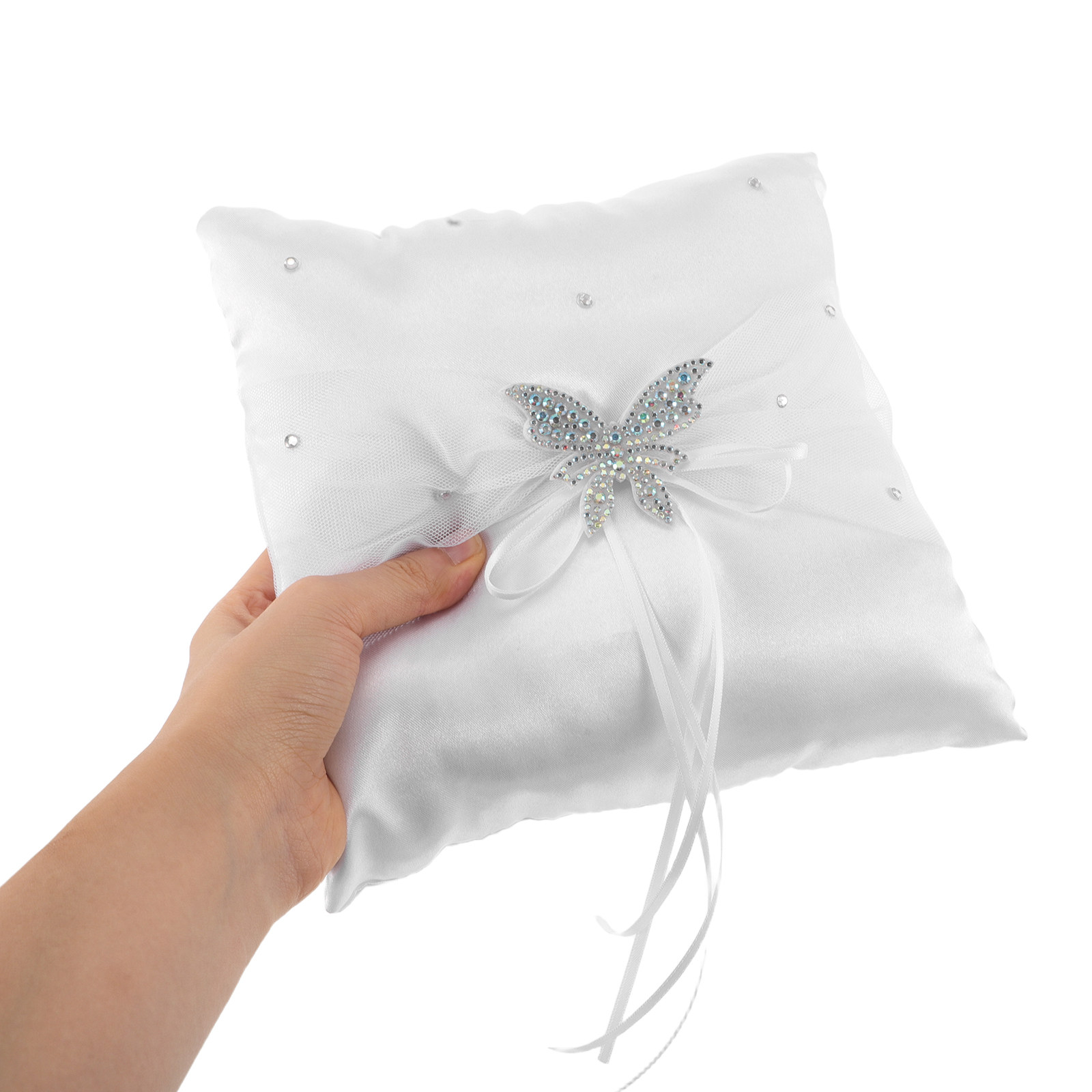 Ring Bearer Pillow - หมอนวางแหวนแต่งงาน ผ้าซาตินสีขาว ประดับโบว์เพชรเทียมและลูกไม้ ขนาดเล็ก ที่วางแหวนสำหรับพิธีแต่งงาน อุปกรณ์ประกอบฉากงานแต่งงานที่หรูหราสำหรับงานเลี้ยงเจ้าสาว
