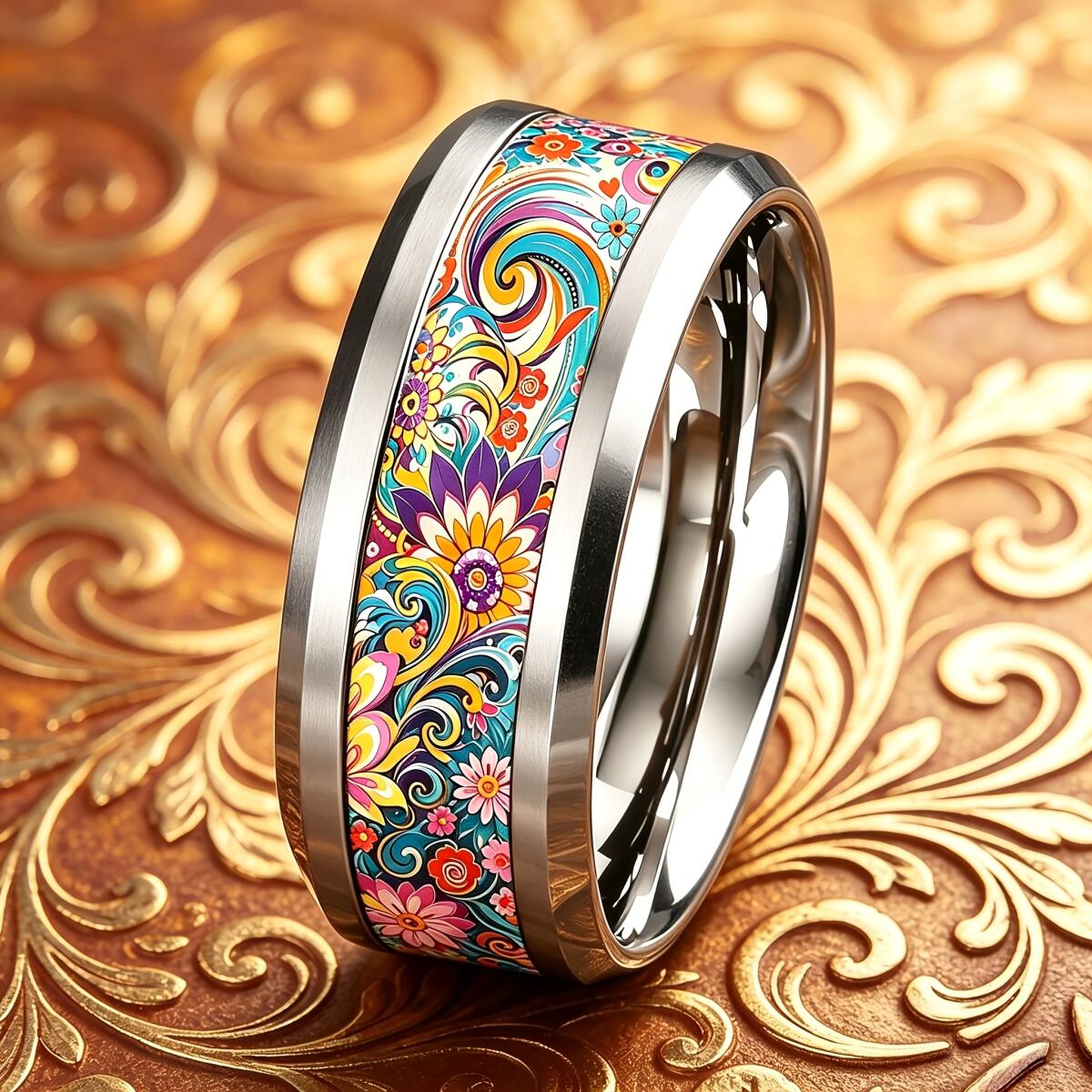 Wedding Sutra - โบฮีเมียนหญิงสีสันสดใสแมนดาลาแหวนดอกไม้เสน่ห์แหวนนิ้วสแตนเลสสำหรับผู้หญิงผู้ชายวันครบรอบแต่งงานเครื่องประดับของขวัญ