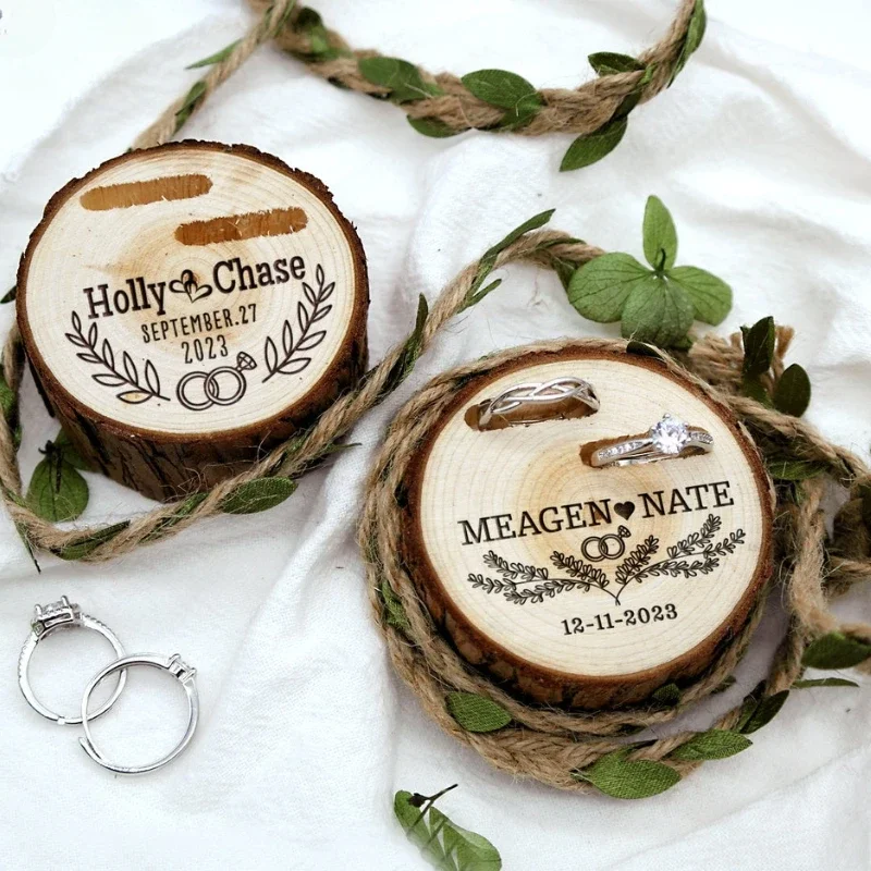 Ring Bearer Pillow - 1 ชิ้นฟรีที่กําหนดเองต้นไม้ไม้ Stump แหวน Bearer กล่องงานแต่งงานส่วนบุคคลไม้ผู้ถือข้อเสนอเจ้าสาวเจ้าบ่าวข้อเสนอแหวนกล่องของขวัญ