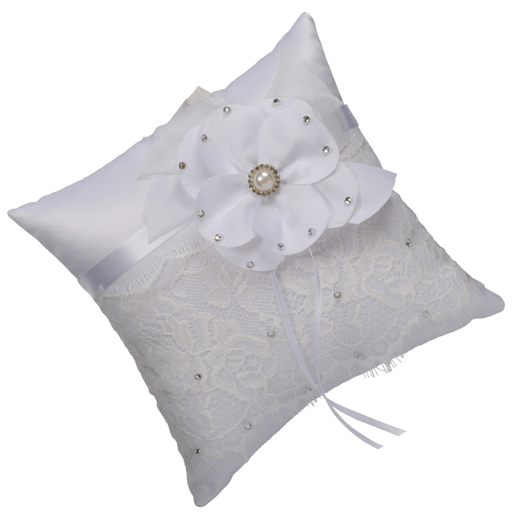 Ring Bearer Pillow - หมอนวางแหวนแต่งงาน ตกแต่งด้วยลูกไม้ ดอกไม้ ไข่มุก และคริสตัล หมอนสำหรับผู้ถือแหวนเจ้าสาว