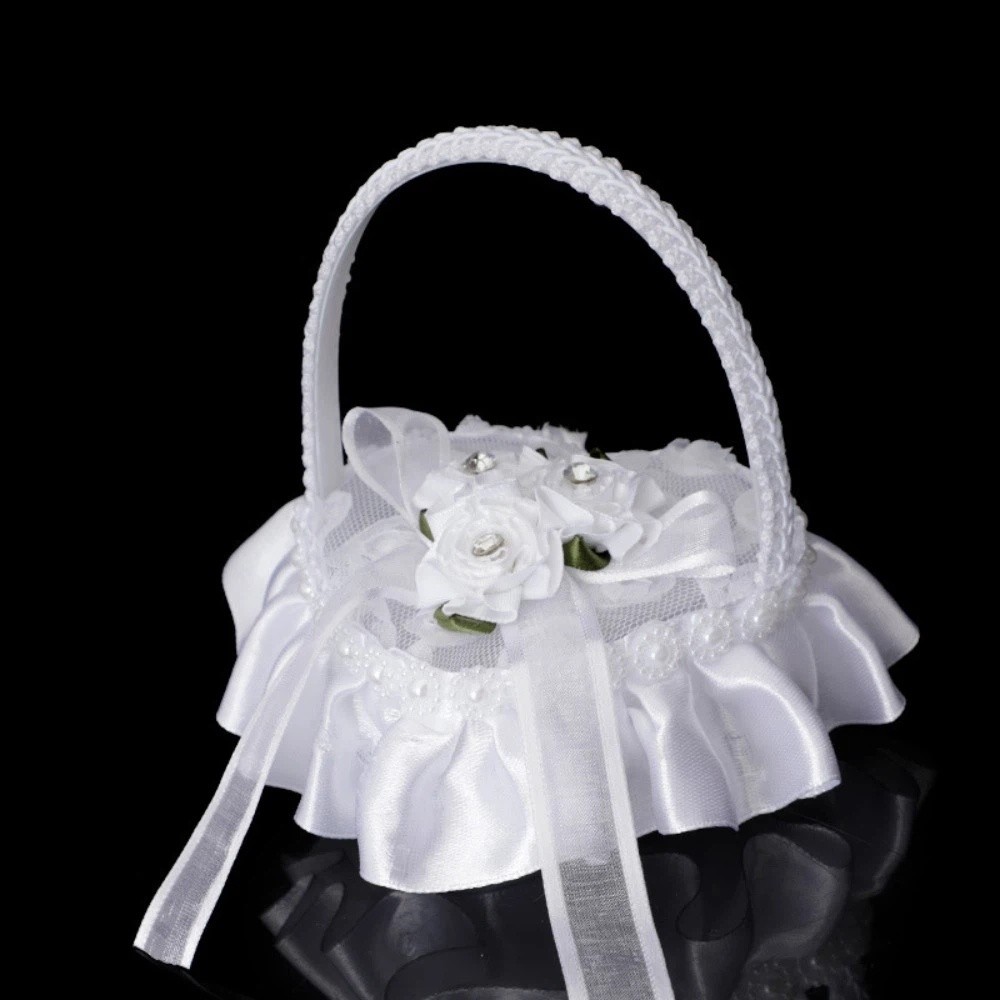 Ring Bearer Pillow - กล่องใส่แหวนรูปหัวใจผ้าลูกไม้สีขาว พร้อมโบว์ผูก วัสดุผ้าซาติน พร้อมหูหิ้ว ขนาดเล็ก สำหรับใส่แหวนแต่งงาน