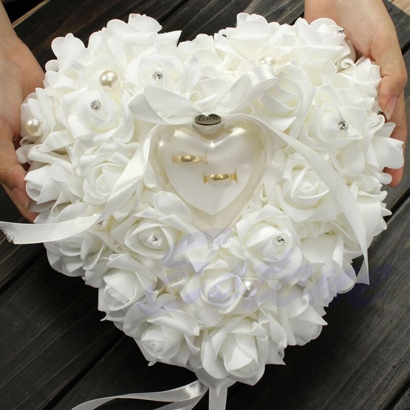 Ring Bearer Pillow - งานแต่งงานงาช้างซาตินคริสตัลแหวน Bearer หมอนอิงหมอนกล่องเก็บแหวน
