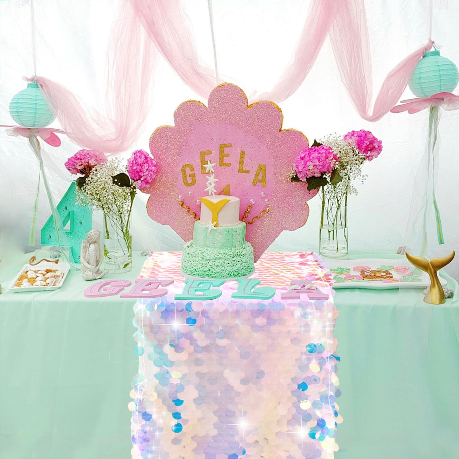 Mermaid Party Table Runner Mer - Table Runner Sequin บทวิจารณ์และราคา